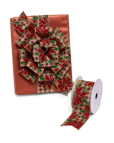 Image of Poinsettia Plaid Christmas Tree Ribbon - 2 1 /2 inch x 10 Yards, Wired Holiday Ribbon, Gift Wrapping, Garland, Wreath, Bows, Presents, Fundraiser, Boxing Day, Classroom, Office, Arts and Crafts