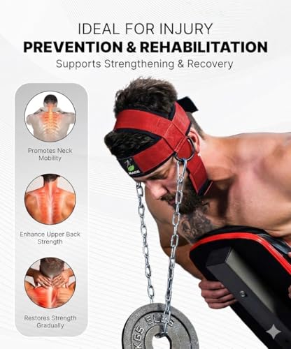Image of RACE Neck and Head Strengthening Equipment Weight Harness Thick Padded Adjustable Strap with Heavy Duty Steel Chain & Rings for Gym Crossfit Fitness Training Injury Rehab (Red)