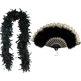 SongBuydn 2 Stück Federboa Schwarz Set, Vintage Federfächer und Federschal, 20er Jahre Kostüm Accessoires für Damen, Party, Cosplay, Hochzeit, Theater, Federboa Schwarz