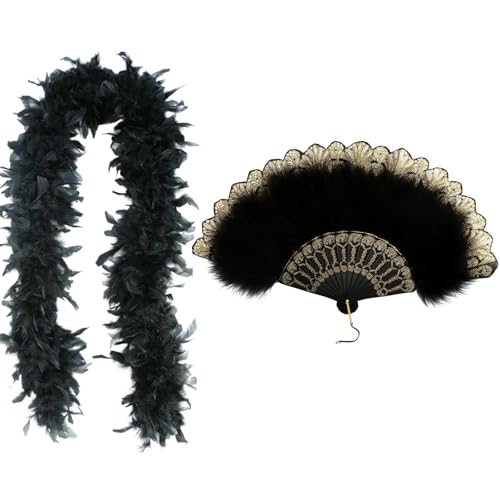 SongBuydn 2 Stück Federboa Schwarz Set, Vintage Federfächer und Federschal, 20er Jahre Kostüm Accessoires für Damen, Party, Cosplay, Hochzeit,...