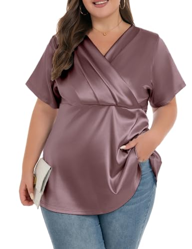 OVERWORETY Women's Plus Size Satin V Neck Tops Short Sleeve