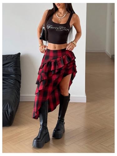 MakeMeChic Women's Plaid Ruffle Skirt Asymmetrical Low Waist Layered Y2k Punk Skirts4