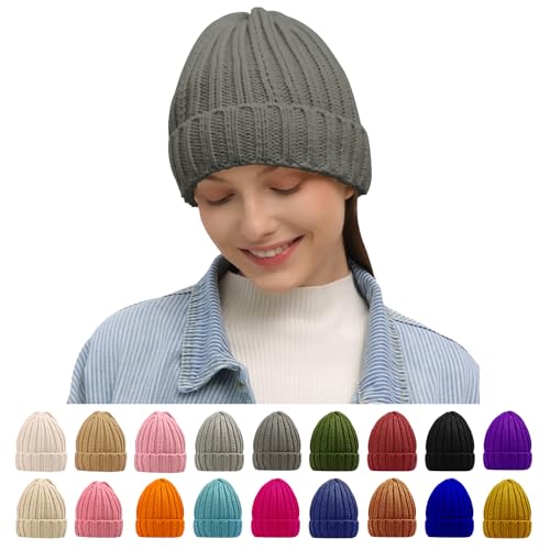 Rosoz Winter Hats for Women Warm Thick Soft Stretch Cable Knit Beanie Skully Cap for Cold Weather Grey