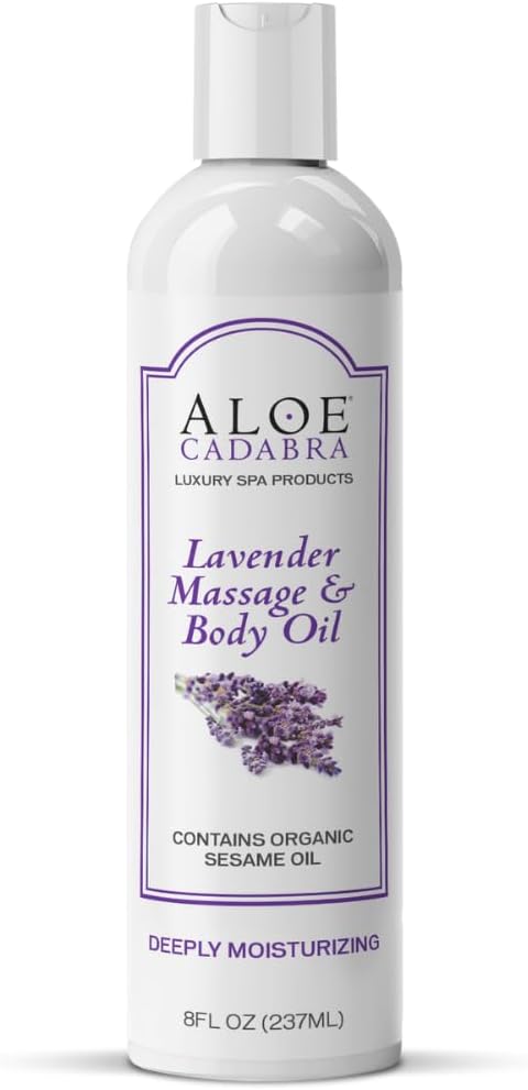 Aloe Cadabra Body Massage Oil for Men, Women, Couples, Relaxing Therapeutic Massage, Aromatherapy, Moisturizing Bath & Body Oil with Lavender Essential Oil (8 Fl Oz)