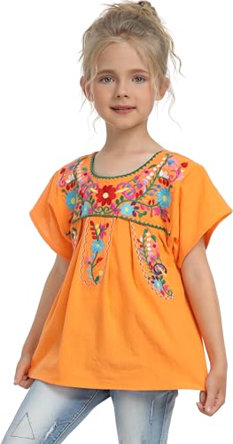 Image of YZXDORWJ Mexican Blouse for Girls Traditional Embroidered Summer Short Sleeve Peasant Blouse for Kids