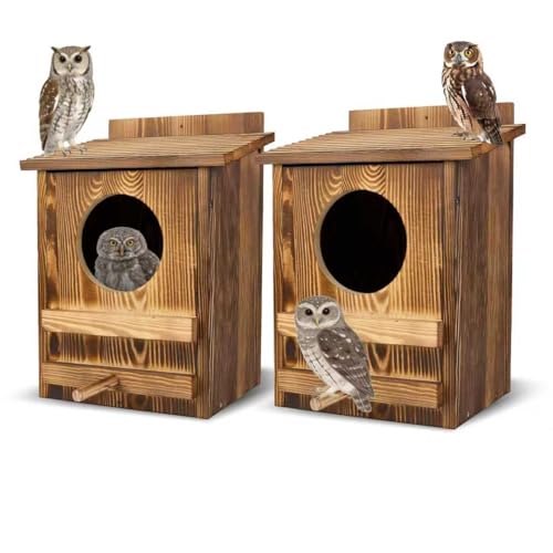 AnNowshua Ling 2PCS Owl Houses for Outdoors 16.1x11.8x9.5-inch Large Carbonized Owl Nesting Boxes for Outside Waterproof & Ventilated Design Designed Specifically for Owls and Wildlife Nesting