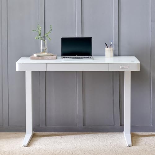 Image of Home Centre | Trooper Tempered Glass Top Smart Study Desk | Study Table for Home Office | Metal | White | 1 Year Warranty