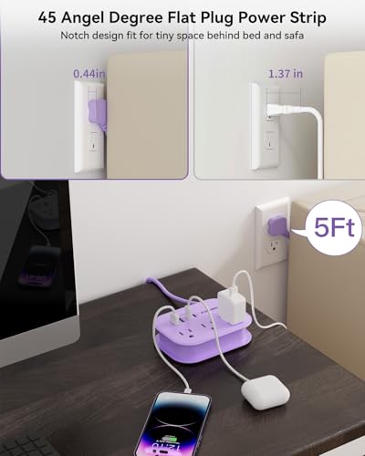 Image of Purple Extension Cord-, 5 FT Kawaii Travel Power Strip, 1250W Cute Extension Cord with 3 AC Outlet 4 USB Desktop Charging Station, Purple Desk Accessories for Cruise Essentials, Travel, Home, Dorm.
