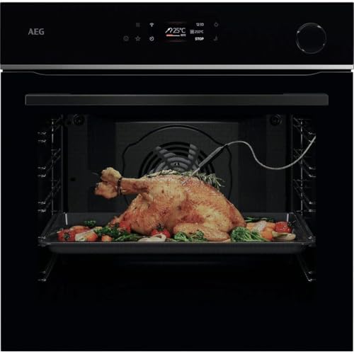 AEG Wifi Einbaubackofen, Serie 7 TFT-Full Touch-Farbdisplay mit Kochassistent, Pyrolyse, 25% Dampfunterstützung: Außen Knusprig & Innen Saftig, Kerntemperatursensor für punktgenaues Garen, TR7PB63ZSB