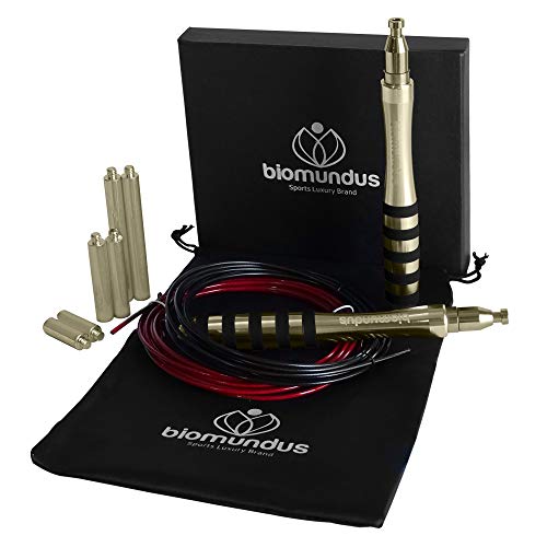 biomundus Cuerda Saltar comba Crossfit Hombre Mujer comba Boxeo La comba para Saltar Alta Velocidad autoajustable Aluminio Incluye 3 lastres+ Cuerda Extra+ Bolsa portadora. comba Boxeo (Negro)