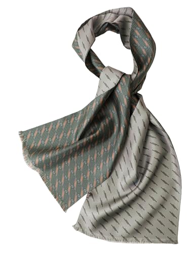 Prettystern Écharpe longue en soie pure pour homme élégante double épaisseur classique business festive franges courtes gris vert AB13