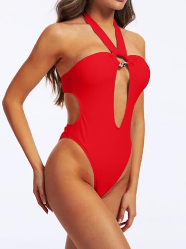 FUTLU Sexy Flattering Cutout Bathing Suit Tummy Control Swimwear Halter Neck Swimsuit(Red,M) — view 5
