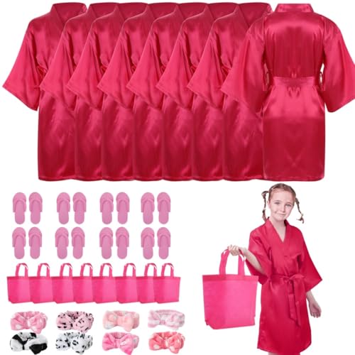 Kit De Fiesta De Spa De 32 Piezas: Incluye 8 Kimonos De Satén, 8 Diademas De Spa, 8 Pantuflas De Espuma Y 8 Bolsas Para Fiestas De Pijamas De Niños, Fiestas De Pedicura Y Diversión En El Salón De