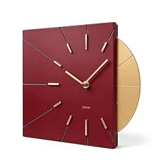 Driini Clocks Mid Century Modern Wall Clock Square Red Clock with Decorative Gold Accent Unique and