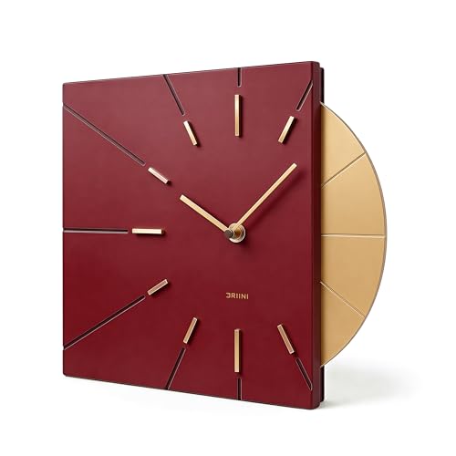 Image of Driini Red and Gold Mid Century Modern Wall Clock, Battery Operated | Square MCM face with a minimalist midcentury look. Contemporary decorative analog design for kitchen, office or living room