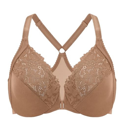 Image of DELIMIRA Women's Front Closure Racerback Bras | Plus Size, Full Coverage, Lace, Underwire, No Padding Unlined