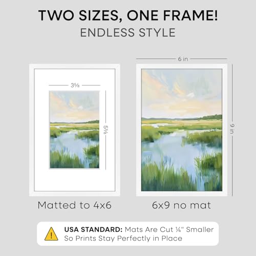 Image of Homeforia 6x9 Picture Frame White, High End Metal 6 x 9 Frames with Mat 4 by 6 for Print, Photo Frame 6x9 White Matted to 4x6 inches Art, 6by9 Wall or Tabletop Frames, Tempered Glass, Wall Kit, Set of 2