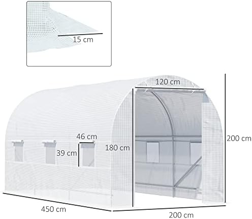 Outsunny 4.5 x 2 x 2 m Large Galvanised Steel Frame Outdoor Poly Tunnel Garden Walk-In Patio Greenhouse - White