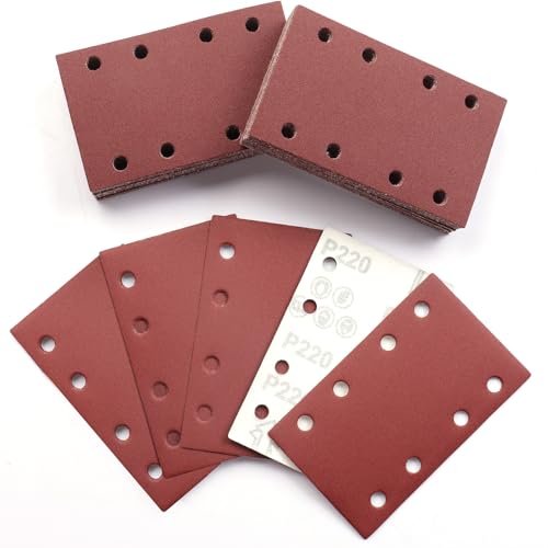 Sruhrak 80x133mm Sandpaper, 50 Pieces Sanding Sheets Hook and Loop Sanding Pads 220 Grits Rectangular Sander Paper Set for Bosch Electric Sander Polishing, Rust Removal