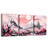 Loussiesd Japanischer Stil 3er Poster Set für Wohnzimmer Kirschblüte Wandbilder Set für Schlafzimmer Japan Fuji Berg Leinwandbilder Poster & Kunstdrucke