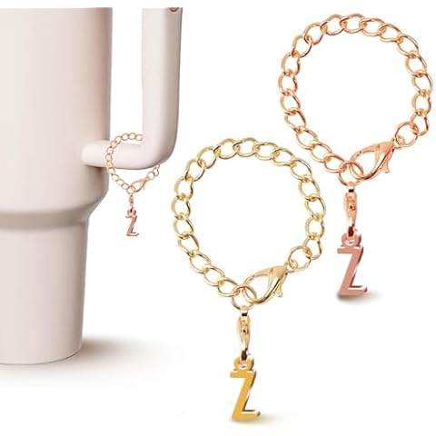PAZLOG 2PCS Letter Charm Accessories For Stanley Cup, Gold & Rose Gold A-Z Initial Chain Water Bottle Name Id Charms for Stanley 30&40 oz, Tumbler,Yeti, Simple Modern Cups Handle (Z, Rose gold & Gold) Cover