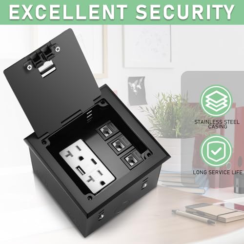 Hoolerry 1 Pack Recessed Flat Hidden Socket Kit Floor Recessed Outlet Box with 2 15A Receptacle, 4.8A 1 USB-A & 1 USB-C Port, and 3-Port RJ45 Receptacle for Floor Office Home (Black) by Hoolerry - Image 5