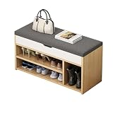 Eyawe 玄関ベンチ シューズ収納 マルチレイヤー収納 厚手クッション付き 柔らかく快適 幅80cm 耐荷重200kg 簡単組み立て 省スペース マルチ機能 (木の色,フリップ式二段式ブーツ収納付き80cm)