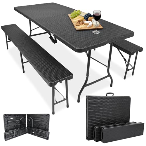 Devillo® Bierzeltgarnitur klappbar 3‑teilig – Tisch 180x74x72 cm + 2 Bänke 180x25x43 cm – Campingtisch, wetterfest & pflegeleicht, Anti‑Rutsch – mit Tragegriffen – für Camping, Garten – Rattanoptik