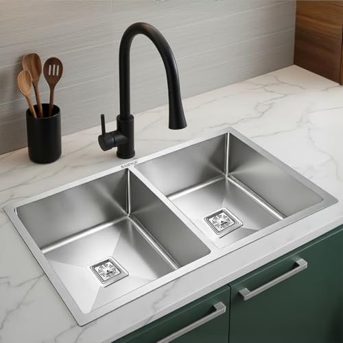 Image of BASINQU Kitchen Sink 45x20x10 Inch Handmade Double Bowl Sink for Kitchen Basin 304 Grade Stainless Steel Brushed Matte Finish Including Coupling Fruit Tray Hose Pipe Kitchen Sinks