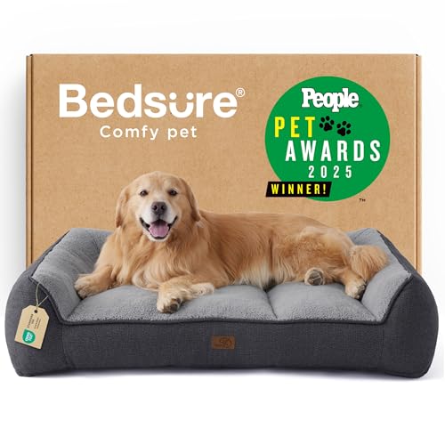 Bedsure Lettino Lavabile per Cani Grande - 122x89cm Divano per Cani Extra Spesso e di Sostegno con Rivestimento Impermeabile, Cuccia Antiscivolo in Peluche Sherpa Morbido, Grigio Scuro