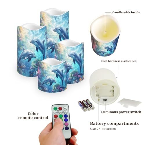Image of Sea Dolphin Flameless Candles with Remote Color Changing Battery Operated Pillar Candles with Flickering Flame Electric Fake Plastic Candles Tea Light Living Room Dining Table Decor