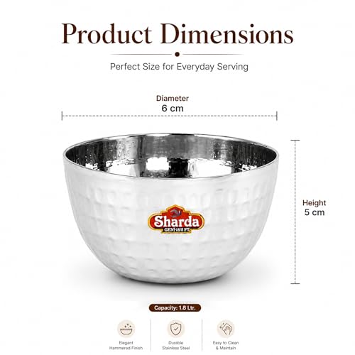 Image of Sharda Metals Hammered Stainless Steel Bowl for Curry, Dal, Halwa, Dessert, Soup, Vegetable Serving Katori Set, Mathar Bowls, Wati, Vati - Set of 6