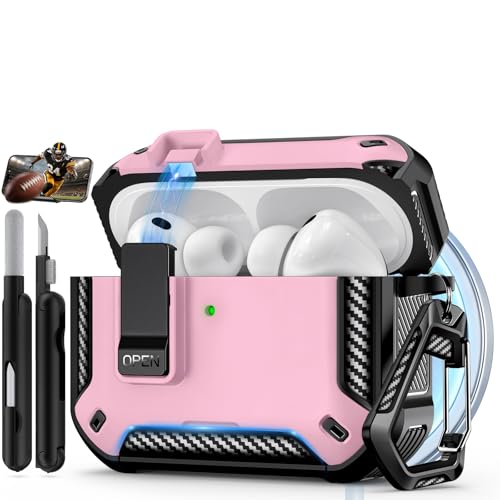 Image of for AirPods Pro 3 Case with Lock & Phone Stand(Pink) | Automatic Snap Switch Lock,Carbon Fiber Texture Design Cover with Cleaner Kit,Compatible with MagSafe