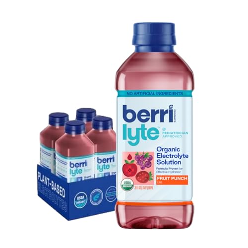 Berri Lyte Plant Based Organic Electrolyte Solution &ndash; Pediatric Rehydration Drink &ndash; Low Sugar Fruit Punch Flavor, 20oz, 4 ct (20 oz, Fruit Punch)