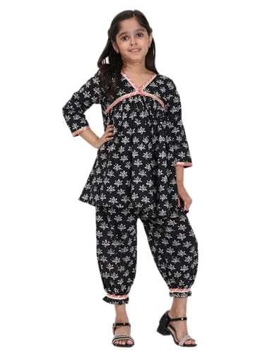 Image of Maaesa Girls' Light Pink & White Striped Cotton Alia Kurta and Afghani Pants Set | Sleeves | V-Neck with Metallic Trim | Lightweight & Breathable | Festive & Casual Wear