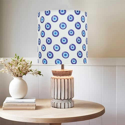 Image of Homesake Retro Farmhouse Table Lamp for Living Room Bedroom Rustic Linen Bedside Nightstand Lamps for Kids Room Study Office Wood, Home Decoration Carved Cylinder, (Evil Eye)