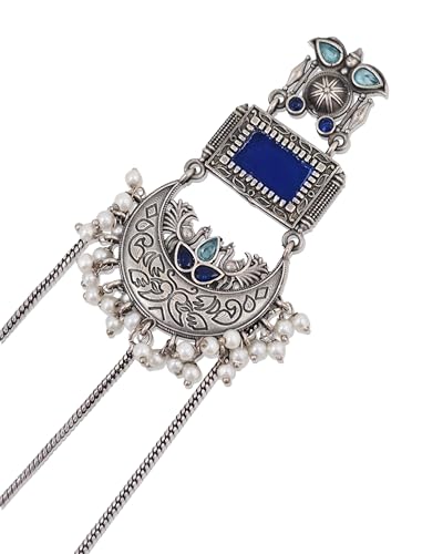 Image of Kashmiri Earrings for Women |Square Stone Fan Chain Earring | Ethnic Oxidised Silver Long Chain for Girls Bridal Festive |Gift for Girls Women