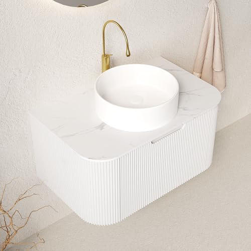 Image of KEIKI 30 inch Vanity with Sink, Floating Bathroom Cabinet with Soft-Close Drawer, 3D Striped Plywood Storage, Vessel Sink-Ready Modern Wall Vanity, White
