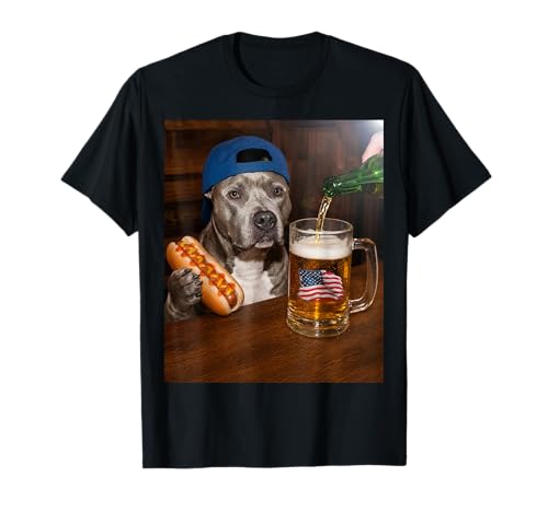 Funny Pitbull Meme Drinking Beer Hotdog USA Flag Pittie Moms T-Shirt