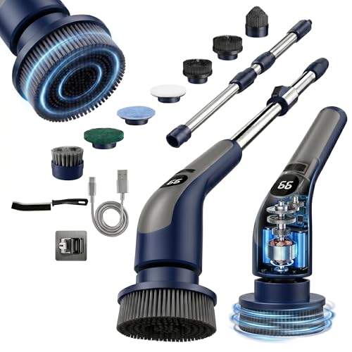 Image of LIVINGPRO Electric Spin Scrubber for Bathroom Cleaning, Cordless Power Scrubber with 70W Dual Speed Motor, LCD Display, IPX7 Waterproof, Adjustable Handle, 7 Brush Heads for Tub Tile Shower Kitchen