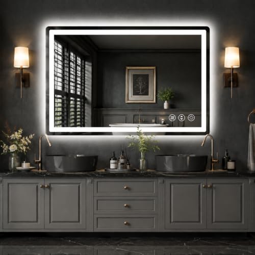 miskerm LED Bathroom Mirror 48"x 30" with Front and Backlight, Anti-Fog, Lighted Bathroom Vanity Mirror for Wall, Dimmable, Shatter-Proof, Rounded Rectangle Mirror Tempered Glass(Horizontal/Vertical)