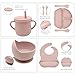 Dormlony 100% Silicone Baby Feeding Set,BPA Free Baby Dishes Set with Suction Bowl Divided Plate,Toddler Self Feeding Dish Set with Spoons Forks Sippy Cup and Bib, Baby Eating Utensils (Pink)