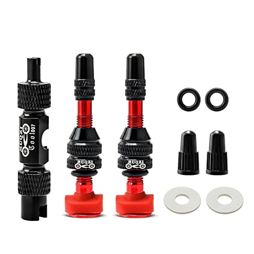MUQZI Tubeless Valve Kit - No Leak Presta Valve Stems with Integrated Core Remover Tool and Alloy Caps for Bicycle, Red (40mm)