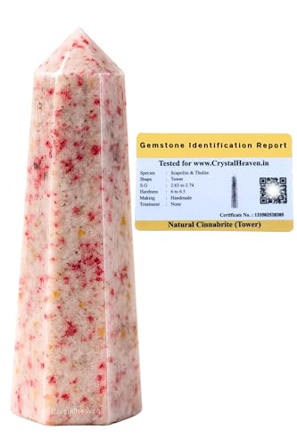 Image of Certified Cinnabarite Crystal Tower Obelisk Point for Chakra, Healing and Balancing - AAA Grade Original Certified Gemstone Agate for Reiki Meditation Yoga Spiritual (3-4 Inches)