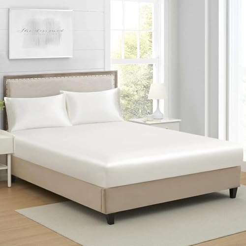 Luofanfei Spannbettlaken 180x200 Satin Weiß Beige Creme Uni Muster Boxspringbett Topper Frottee Seide Glänzend Bettlaken Spannbetttuch 180 x 200 cm Spannbetttücher für Hohe Matratze bis 25-30 cm