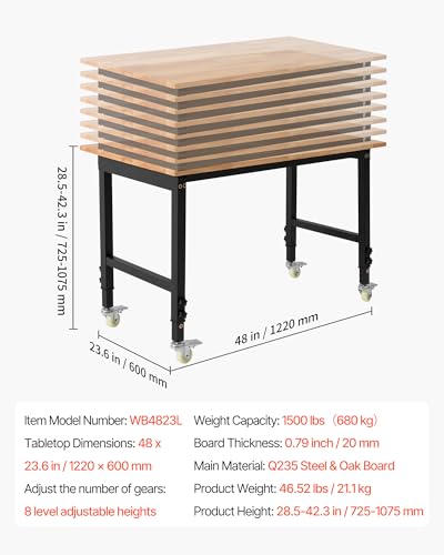 Image of VEVOR Adjustable Workbench on Wheels, 1500 lbs Capacity, 48 x 24 Inch Oak Wood Top Workbench with 28.5-42.3 Inch Height Adjustment, Heavy-Duty Hardwood Worktable for Garage, Workshop, Home, Office