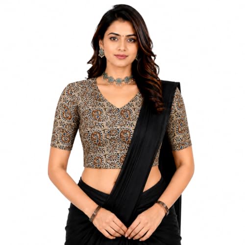 Image of Mogsa Women's Kalamkari Print Cotton Stretchable V-Neck Readymade Saree Blouse | Soft Cotton Blend | Stretch Fabric | Ready-to-Wear