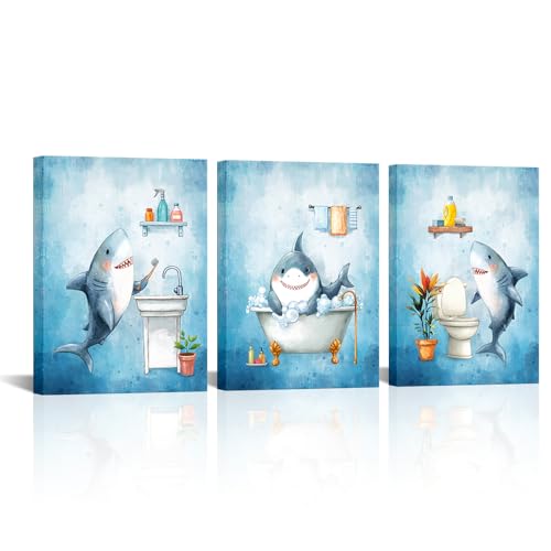 Kalormore Shark Bathroom Wall Art Set of 3, Canvas Prints for Kids and Coastal Decor, Ready to Hang (Blue) by Kalormore - Used condition - US$18.79