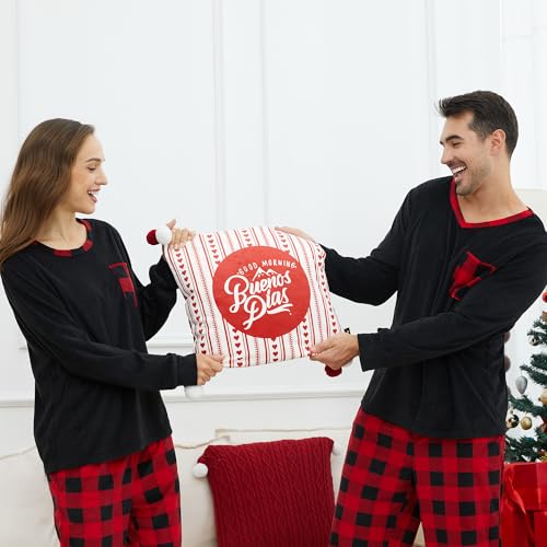 PJGGZ Pyjama assorti pour couples, ensemble de pyjama à carreaux de buffle à manches longues, doux et chaud (noir/rouge/noir, taille M), Noir/rouge/noir à carreaux, M – Image 3