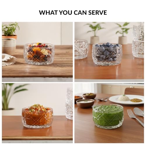 Image of Nestasia Small Glass Chutney Bowls Set of 6 (160ml Each) - Heat Resistant & Chip Resistant Ice Cream Bowls for Dips, Sauce & Pickles | Embossed Transparent Katori with Gift Box - Ideal for Gifting